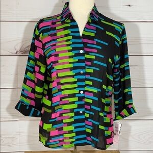 NWT Violet & Claire Black, Pink, Green, Blue Blouse Top Front Button Size M
